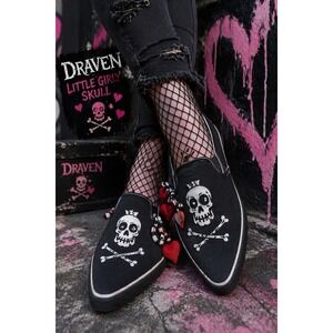 Draven Little Girly Skull Flats Womens 7.5 Black Emo Punk Slip On Rare